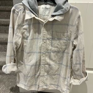 Hollister Cream and Gray Hooded Plaid Shirt